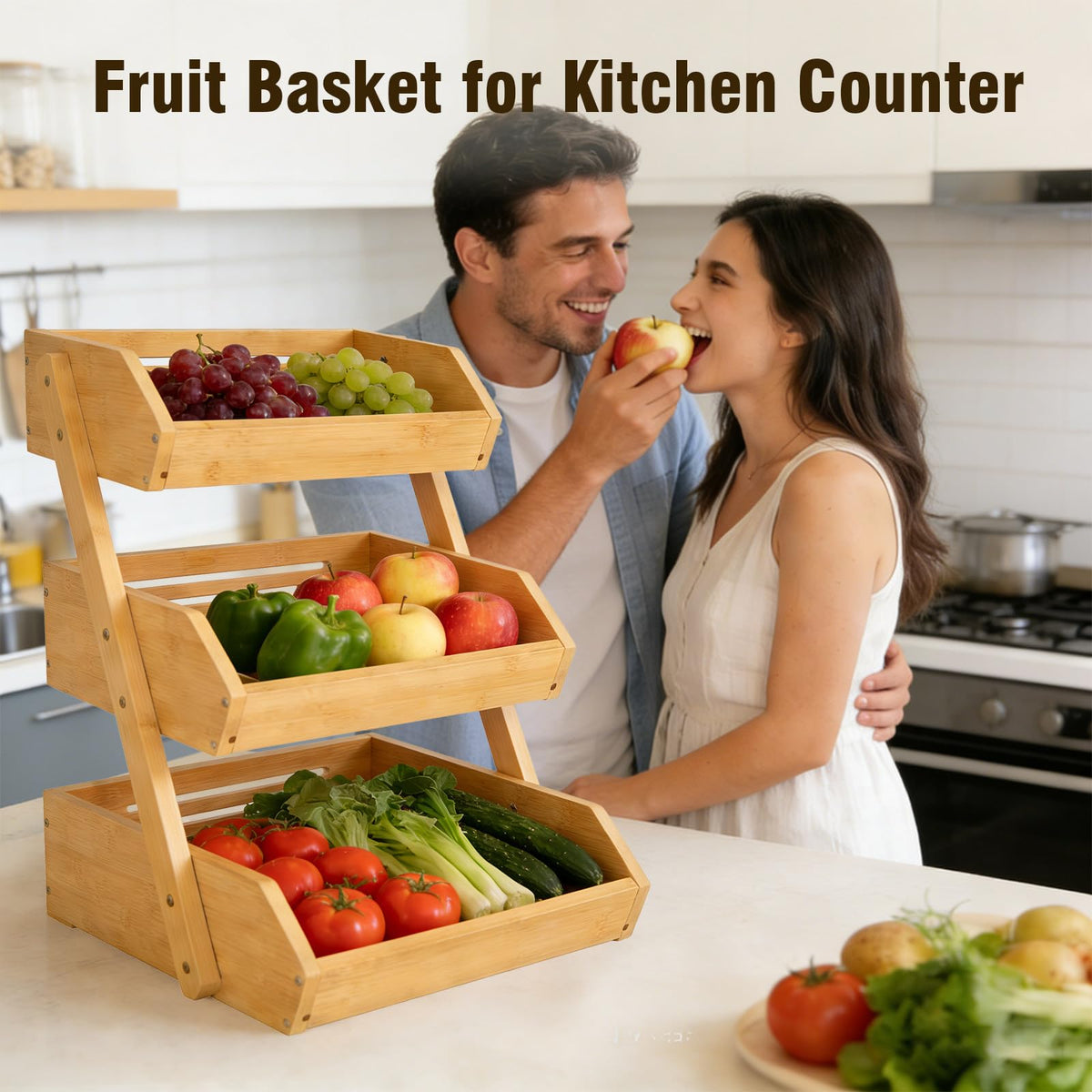 SYEIIYU 2 Tier Fruit Basket For Kitchen, Bamboo Vegetable Storage Bowl Stand with Banana Hanger Hooks, Produce Storage Wooden Basket, Snack Organizer for Countertop, Kitchen Counter Storage