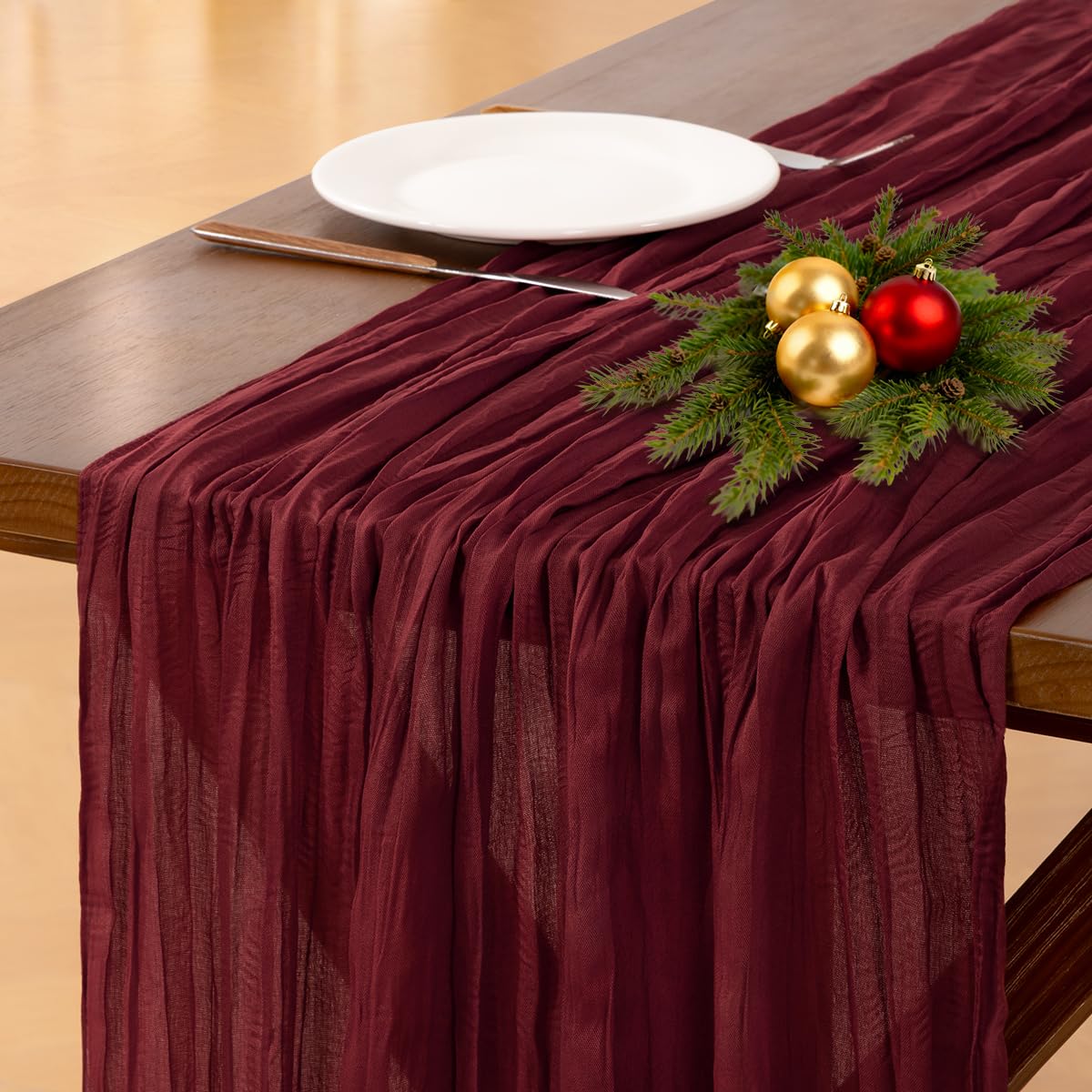 Socomi Burgundy Red Christmas Table Runner Cheesecloth Boho Rustic Gauze 120 inch 10FT Cheese Cloth Runner for Wedding Party Baby Shower Birthday Home Decor Holiday Decorations
