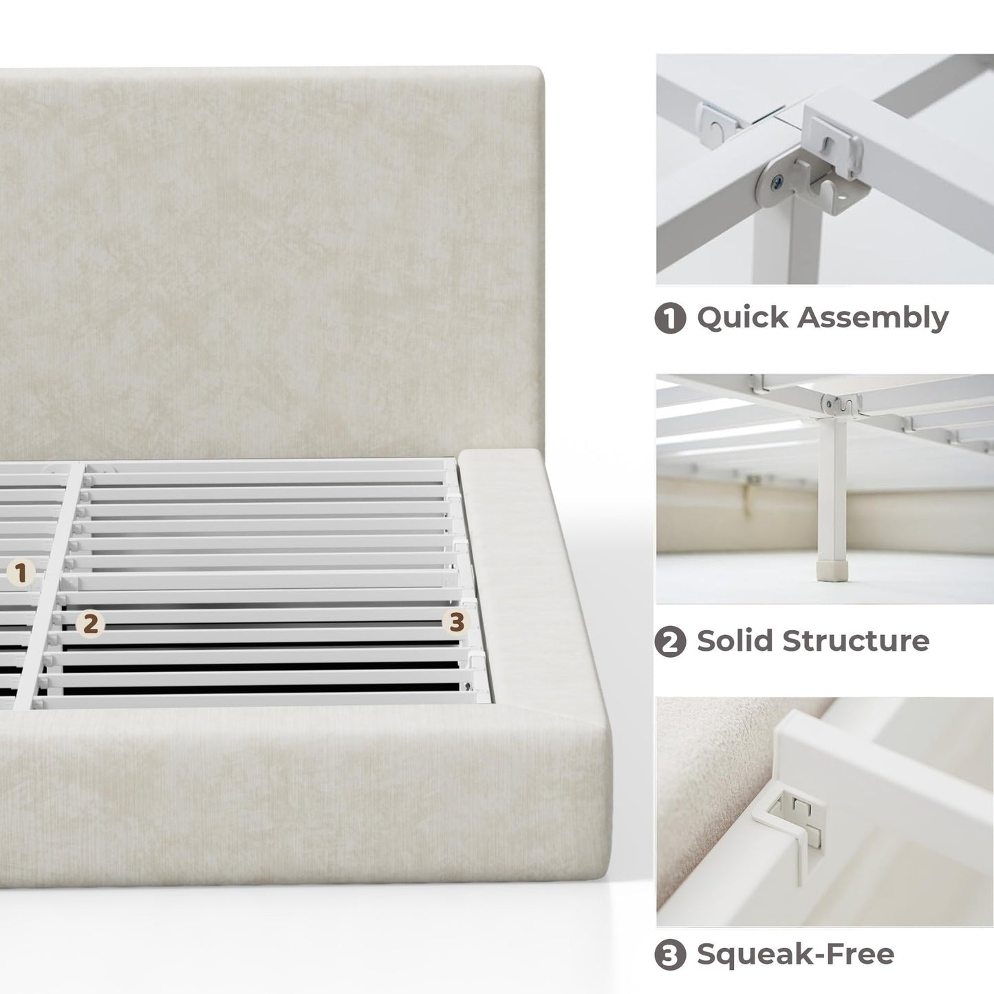 RECCI AirFrame Queen Bed Frame with Headboard, Cloud Upholstered Platform Bed Frame, 5 Inch Foam Cushioned, No Box Spring, Easy Assembly(Beige Chenille)