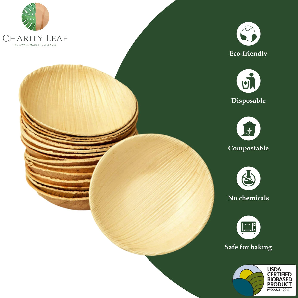Charity Leaf Disposable Palm Leaf 3.5" Round Mini Bowl (100 pcs) Dipping Bowls | Bamboo Like| All Natural and Biodegradable | Charcuterie Boards, BBQs, and Parties