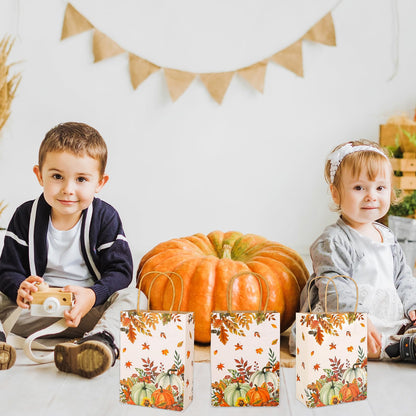 JarThenaAMCS 24Pcs Fall Kraft Paper Gift Bags Pumpkin Maple Leaves Treat Bags with Handles Grocery Shopping Bags Candy Goodie Bags for Autumn Thanksgiving Baby Shower Birthday Party Favors Supplies