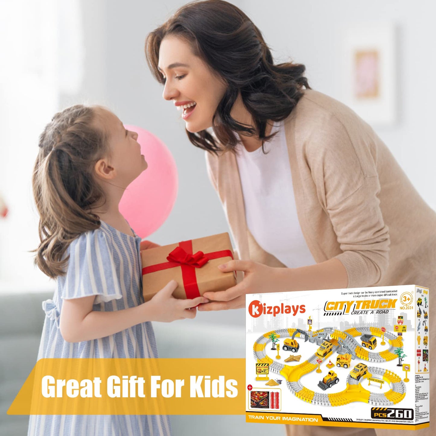 260 PCS Construction Race Tracks for Kids Toys, 2 Electric Cars, 4 Construction Cars, 1 Map & Flexible DIY Track Set, Engineering Presents for 3 4 5 6 Year Old Boys Girls