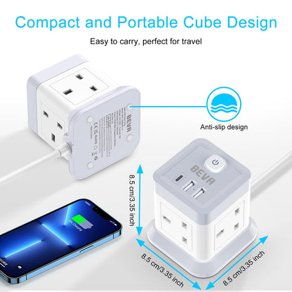 3M Extension Lead Cube With USB, BEVA 4 Gang Extension Socket With 3 USB Ports, Power Strip With Switch Multi Plug Extension with 3 Metre Long Cable For Home Office Travel