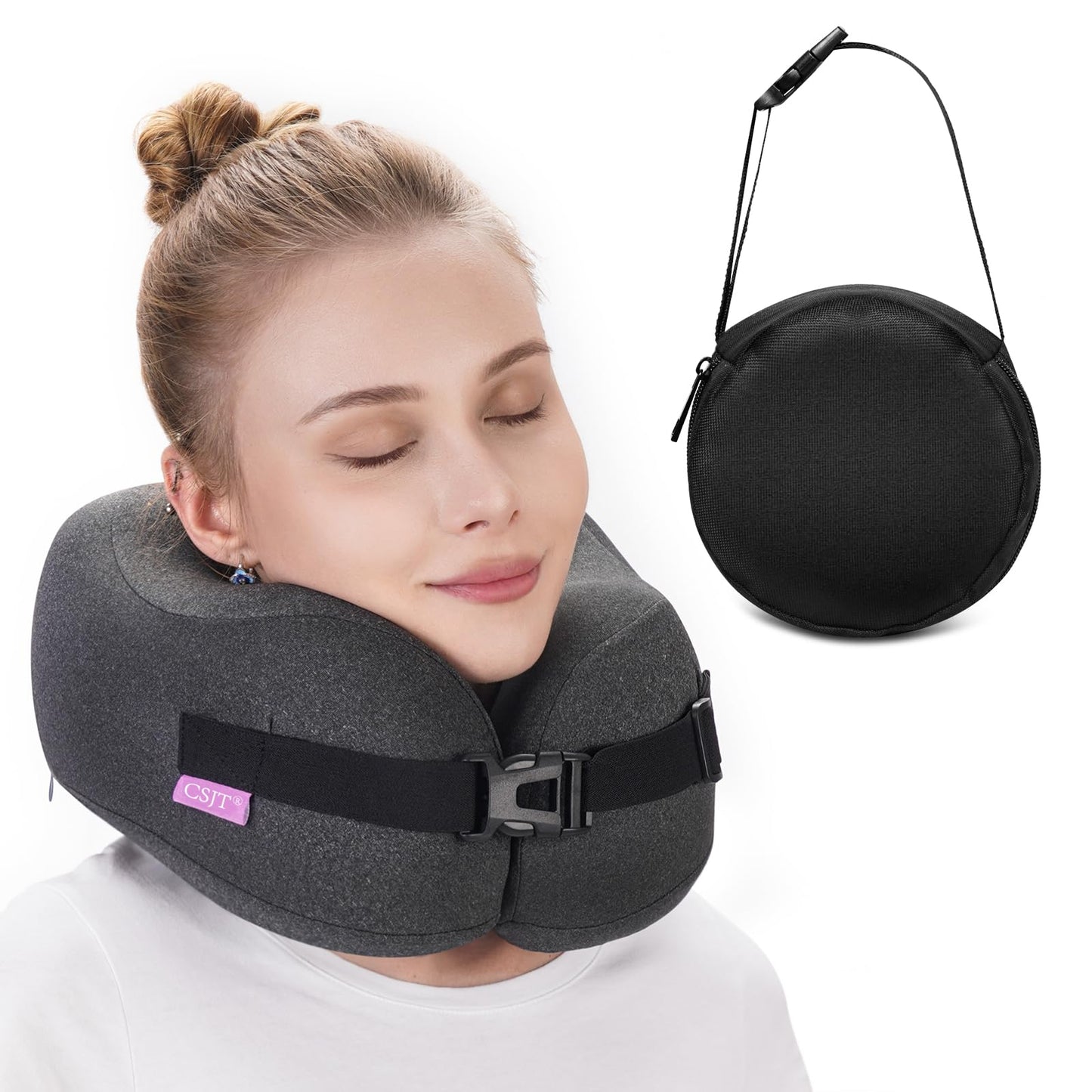 Travel Pillow Vac Compressed Memory Foam Neck Pillow Airplane,Comfortable,Neck Support,Machine Washable,Airplanes Travel Essentials Accessories for Office,Flight,Cars Breaks Sleeping(Black)