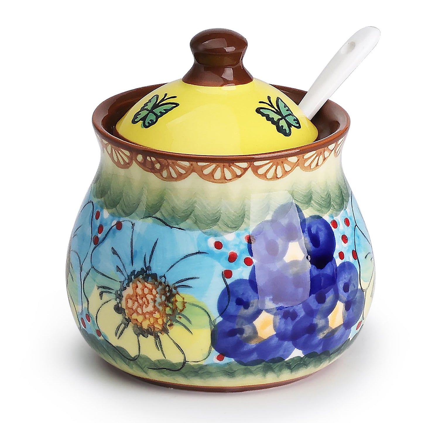 silesia Handmade Sugar Bowl with Lid and Spoon, 9 Ounce Ceramic Hand-Painted Sugar Jar for Home in Gift Box, Kitchen Decor, Oven, Dishwasher & Microwave Safe, Glazed Yellow