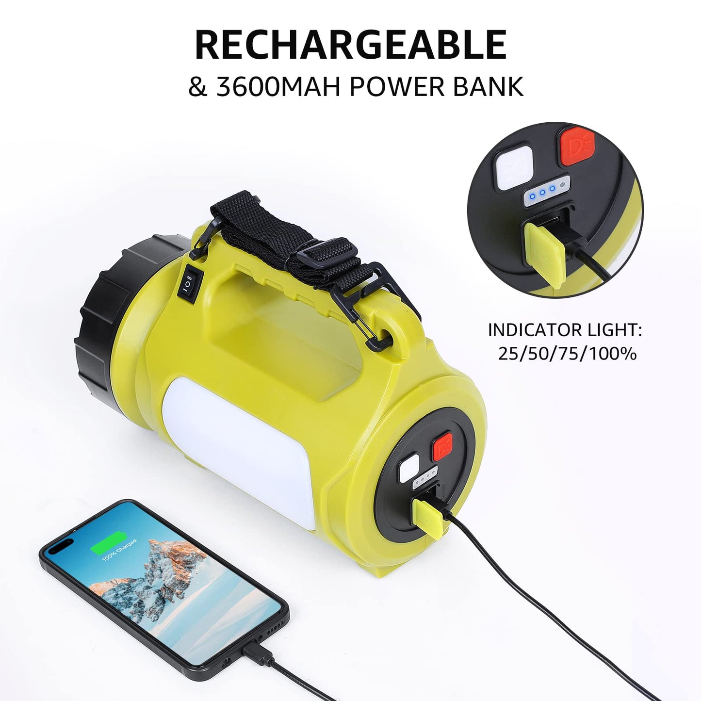 LE Rechargeable Camping Lantern, 1000 Lumen Bright LED Torch Rechargeable, 5 Modes Outdoor Searchlight with 3600mAh Power Bank, Portable Work Light for Hiking, Fishing, Power Cuts, Emergency and More