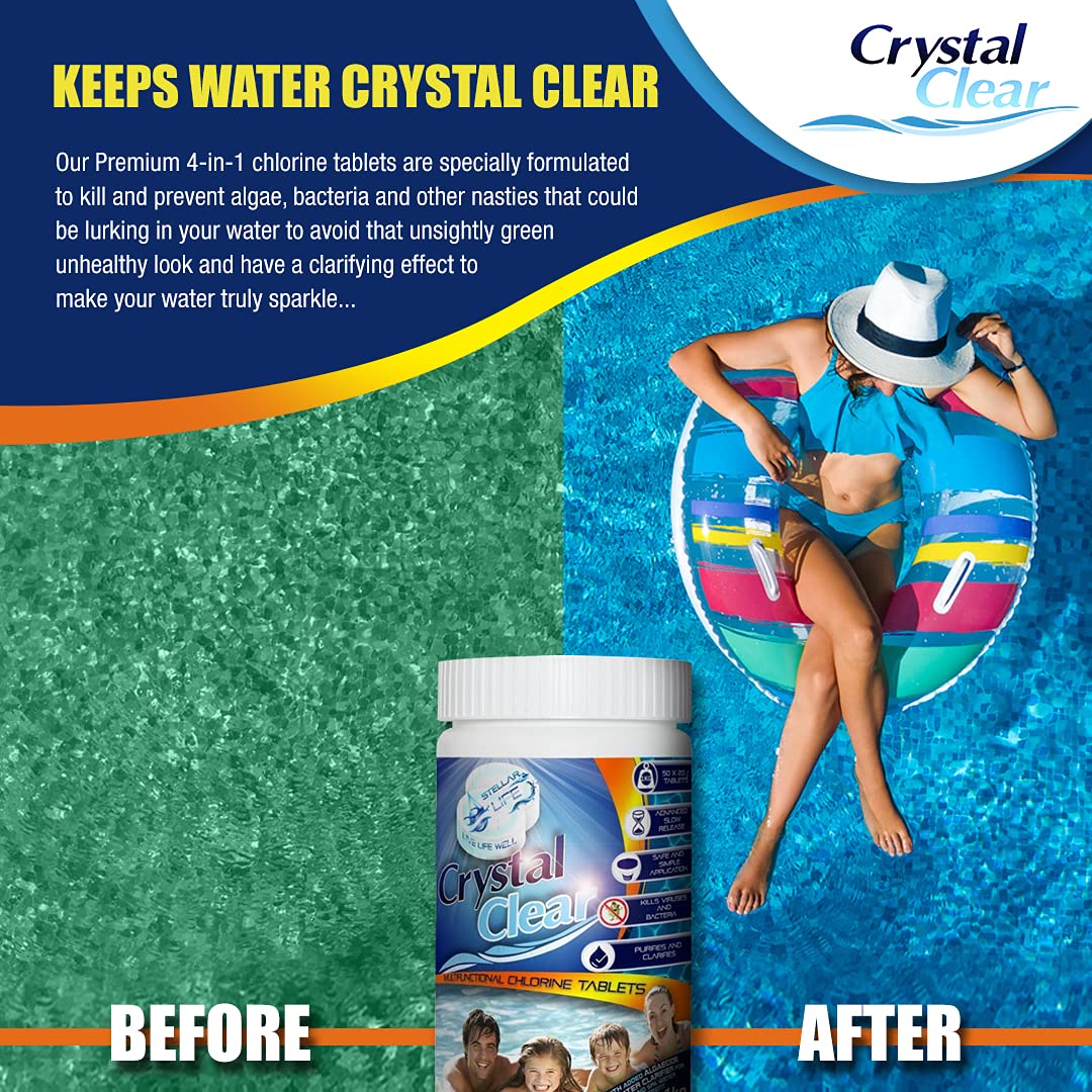 CRYSTAL CLEAR 4in1 Multifunction Chlorine Tablets for Hot Tubs, Spa, Swimming Pools. 1kg 50 x 20g Spas Paddling Pool Hot Tub Chlorine Tablets