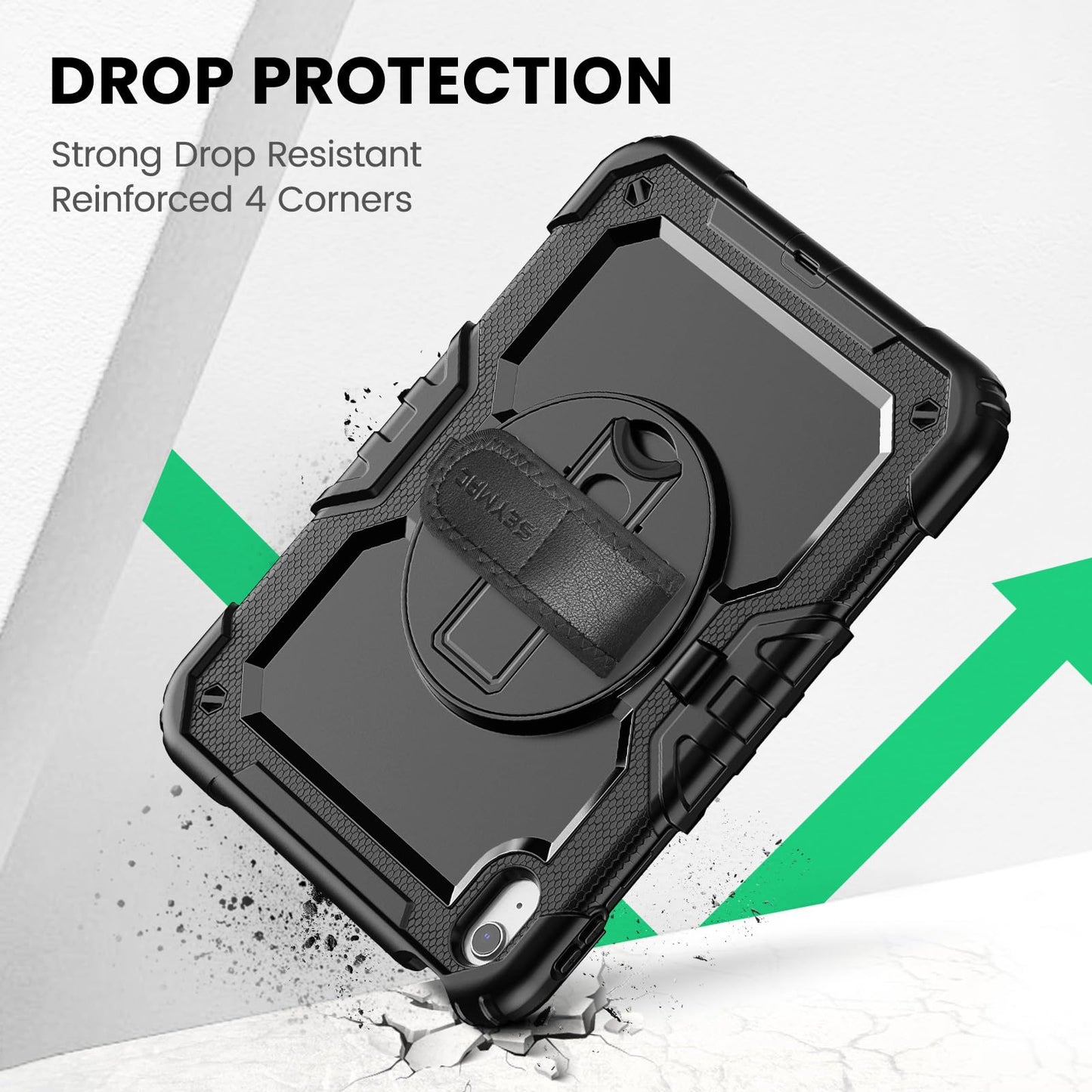 SEYMAC Case for iPad 11th/10th Generation 2025/2022 A16 11inch/10.9inch, Heavy Duty Shockproof with Screen Protector, 360° Rotating Stand/Hand Strap/Pencil Holder for iPad 11 Cover, Black