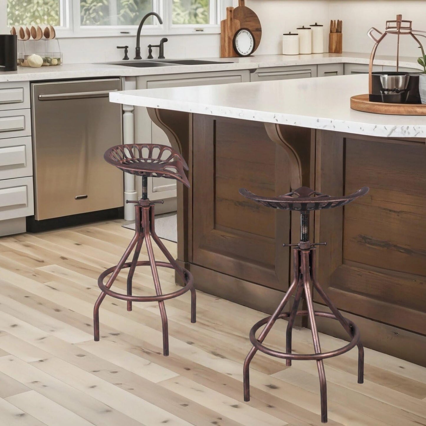 Diwhy Rustic Farmhouse Barstool Tractor Seat Adjustable Bar Stool Industrial Pub Stool Copper Set of 2