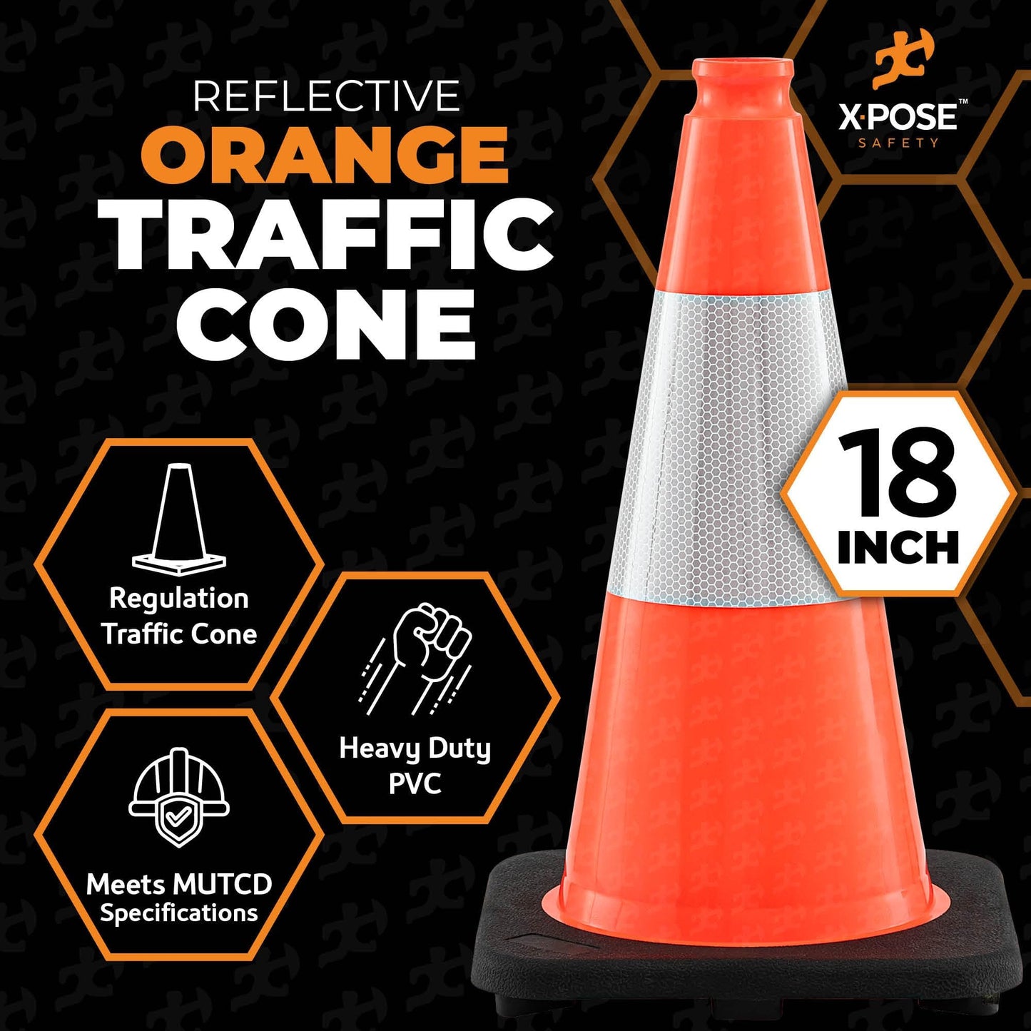 Xpose Safety 18" Orange Traffic Cones 6" Collar - Bulk Half Pallet 450 Pack Multipurpose PVC Plastic Safety Cone for Parking, Soccer, Caution, Kids, and Construction - Custom Stenciling Available