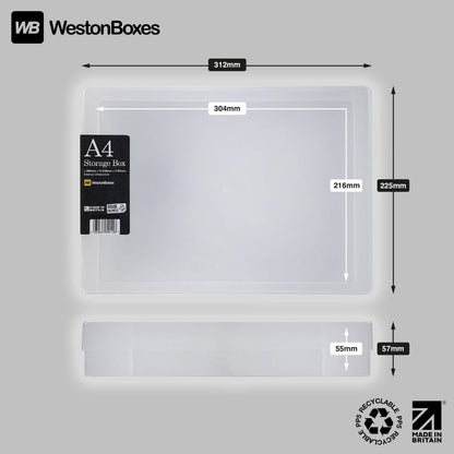 WestonBoxes A4 Transparent Plastic Craft Storage Boxes with Lids for Art Supplies, Paper and Card - 3.6 Litre Volume (Pack of 10)