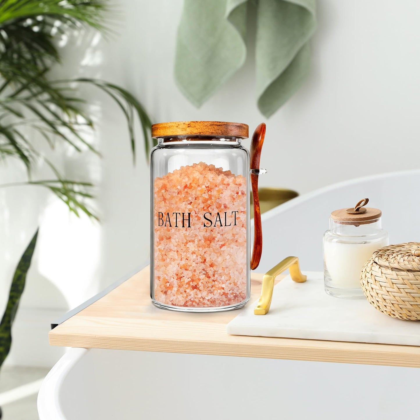 BKYFPQ 74 oz Glass Bath Salts Jar,Bath Salt Container with Wooden Lid and Scoop for Bathroom Organizers and Storage,Home Decor,Bathtub Accessories for Women