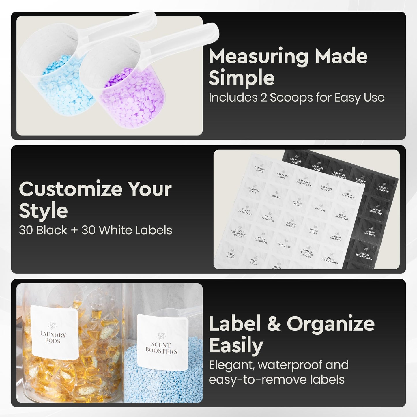 Laundry Pod Storage Container Set | Two 3L Glass Jars & One Acrylic Dryer Sheet Container with Bamboo Lids – Includes 2 Scoops, 60 Waterproof Laundry Labels – Dishwasher Safe