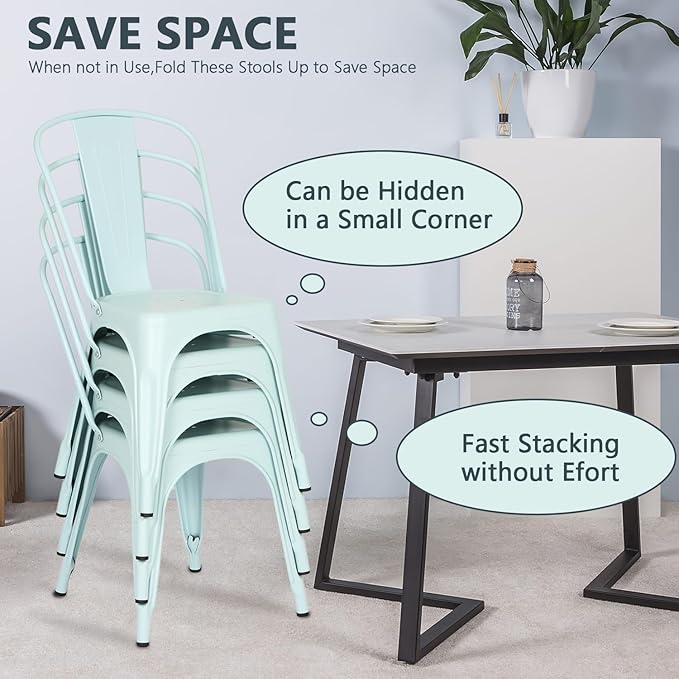 FDW | Set of 4 Metal Dining Chairs | Blue | Stackable Tolix Side Chairs with Backrest | Scratch-Resistant | Non-Slip Feet | Indoor/Outdoor Use | 330 lbs Capacity | Ideal for Kitchen & Restaurant