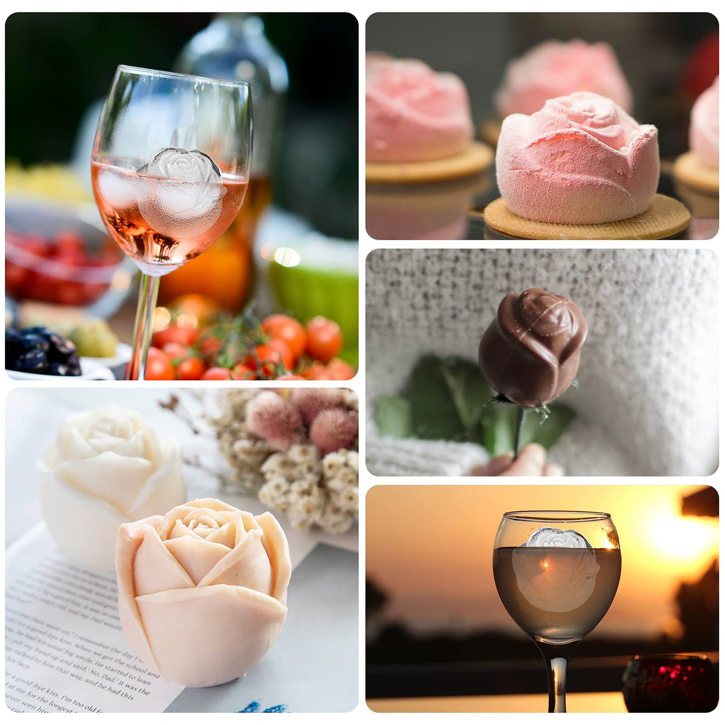 Ice Cube Tray, Mikiwon 2 inch Rose Ice Cube Trays With Covers, 6 Cavity Silicone Rose Ice Ball Maker, Easy Release Large Ice Cube Form for Chilled Cocktails, Whiskey, Bourbon & Homemade Juice Black