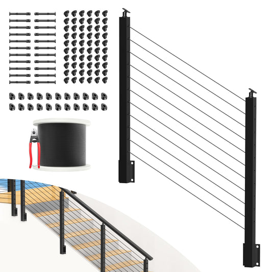 PLANTOP 4-12ft Complete Set 36" Side Mount Cable Railing Post for 25-35 Degrees Stair, 2 Pack Black Left Fascia Mount Stair Post, 150ft 1/8" Cable(No Handrail), Swageless Cable Railing Kit, MY10-SP