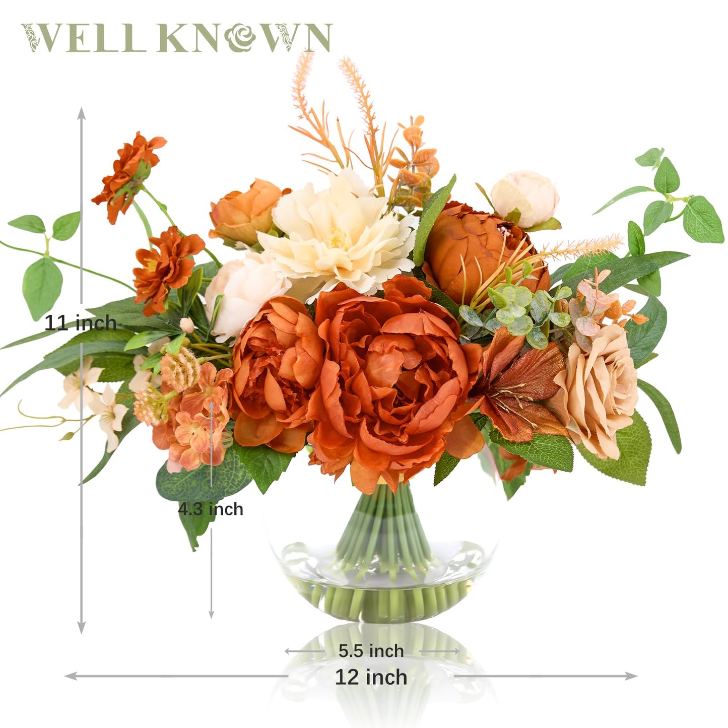 Artificial Flowers in Vase, WELL KNOWN Silk Rose Peony Flower Bouquet Table Centerpieces with Faux Water for Fall Home, Fake Flower Arrangement for Seasonal Party Decor (Burnt Orange & Champagne Plus)