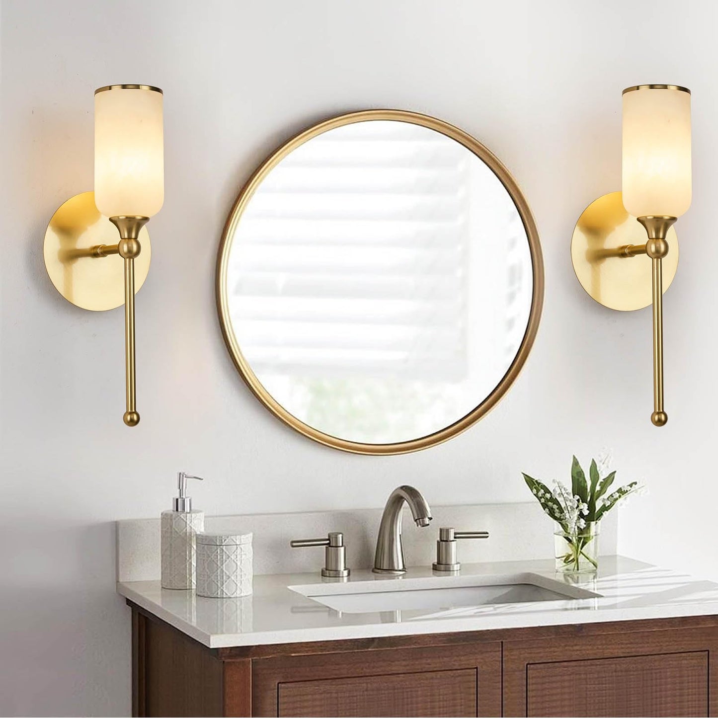Fanyank Vintage Alabaster Wall Sconce, 15.4inch Natural Marble Lampshade Wall Sconce, Hardwired Sconce LED Modern Wall Lamp for Bedroom, Stairs, Living Room, Bedside, Hallway Gold