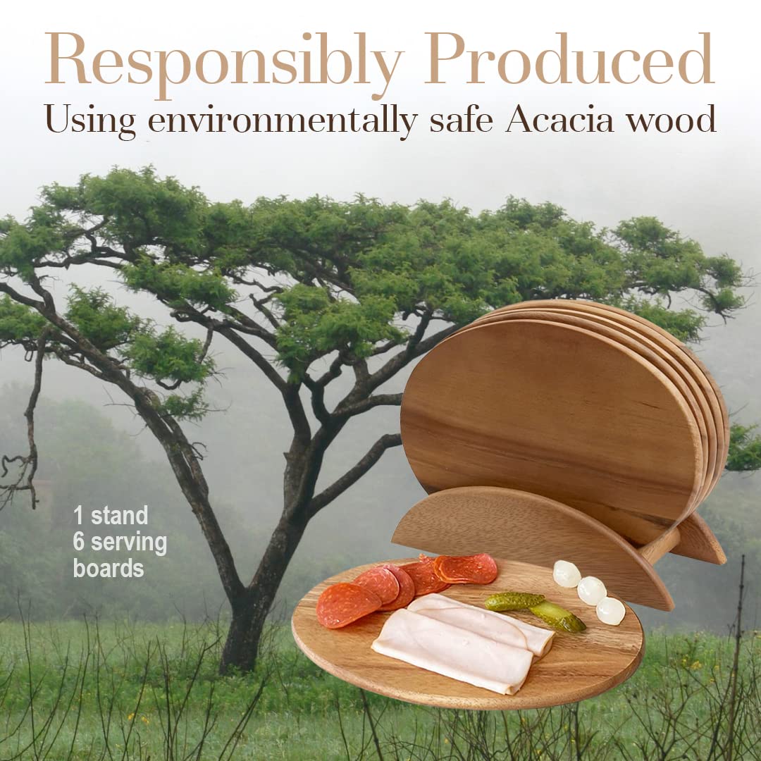 Woodard & Charles 6 Acacia Wood Serving Boards with Stand, Perfect for Serving, Sushi, Cheese, Hors d'oeuvre, Charcuterie, Sandwiches, 7 Piece Set, 9 1/2" x 6 1/2"