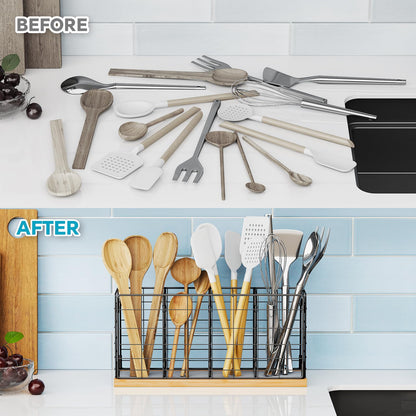 NiHome Metal Kitchen Utensil Holder with Diatomaceous Earth Base, Fast Drying & Odor Control, Large 4-Compartment Utensil Caddy for Spatulas, Tongs, Whisks, Rustproof Organizer with No Scratch Bottom