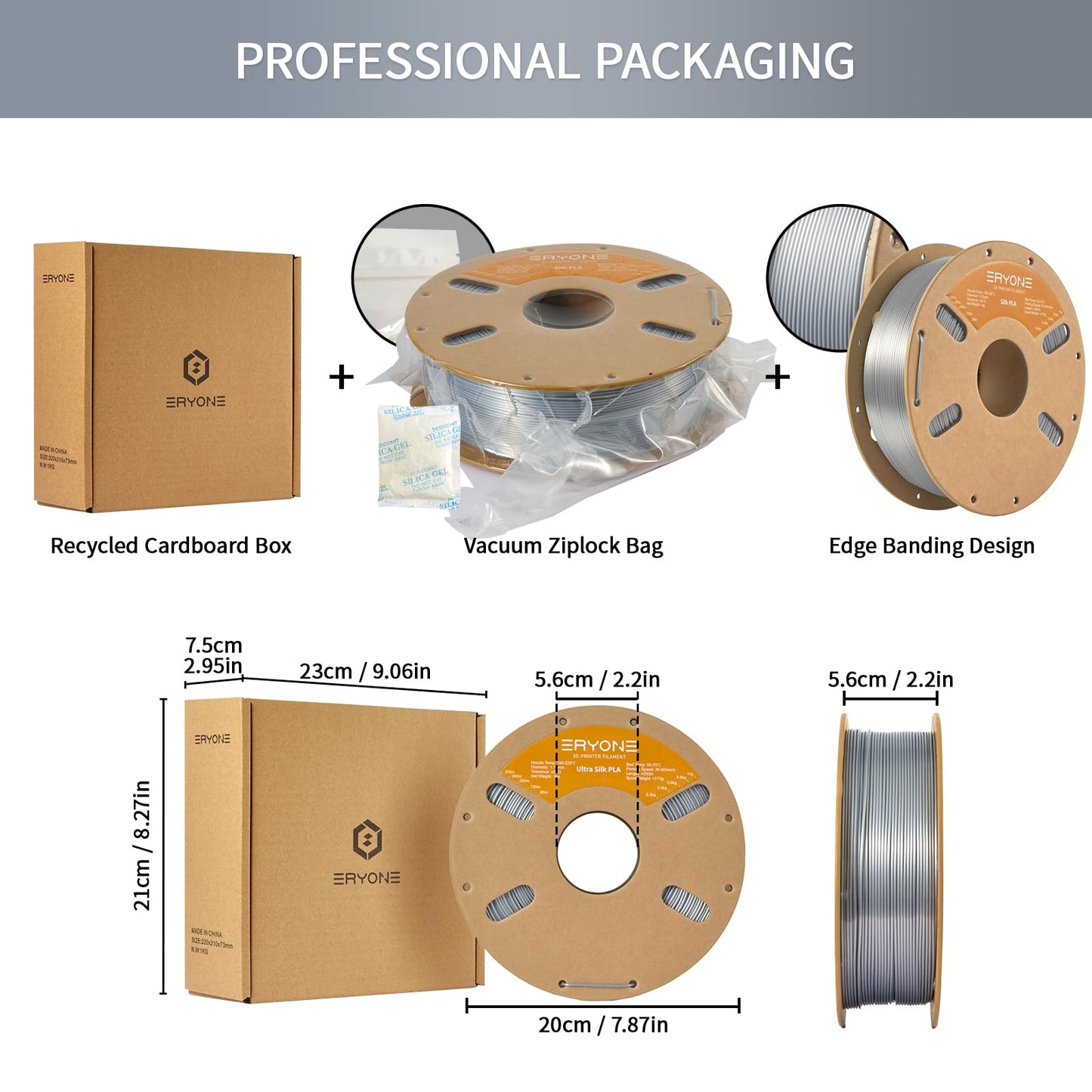 ERYONE Silk PLA Filament 1.75mm, 3D Printer Filament PLA, -0.03mm, 1kg(2.2lbs)/Spool, Silk Silver