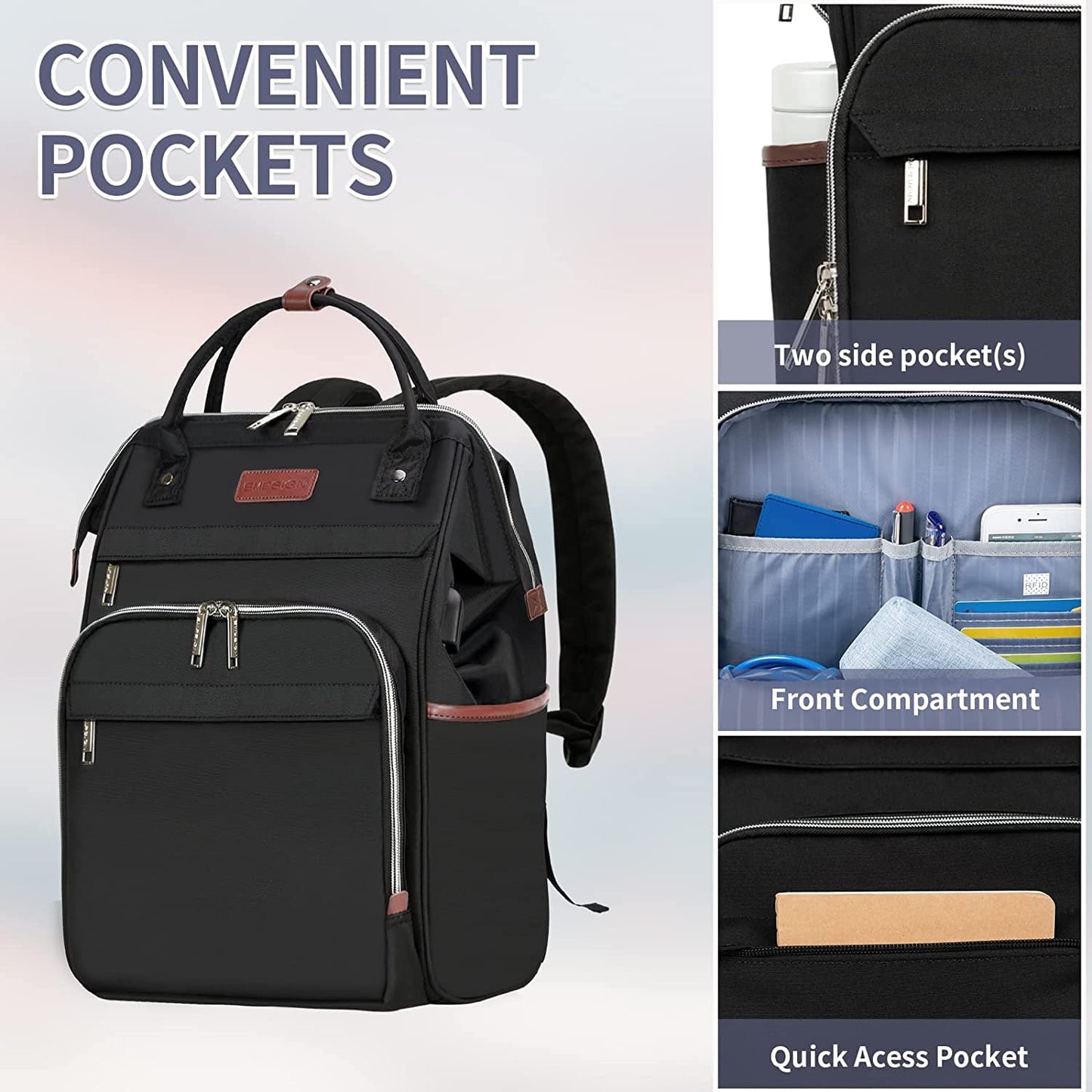 EMPSIGN Laptop Backpack for Women, 15.6 Inch College School Backpack, Laptop Rucksack Casual Daypack Wide Open, Water Repellent Travel Business Work Bag Computer Bookbag with USB Port, Black