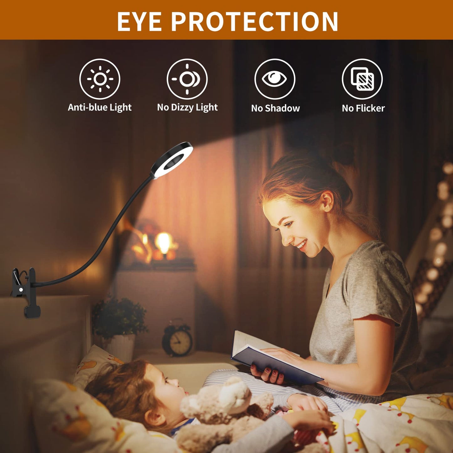 iZELL LED Desk Lamp with USB Adapter【3 Color Modes 10 Brightness】 Eye Caring Clip on Clamp Light, 40cm Flexible Gooseneck Book Ring Light for Gaming/Video Conference/Reading, Clip on Table, Headboard