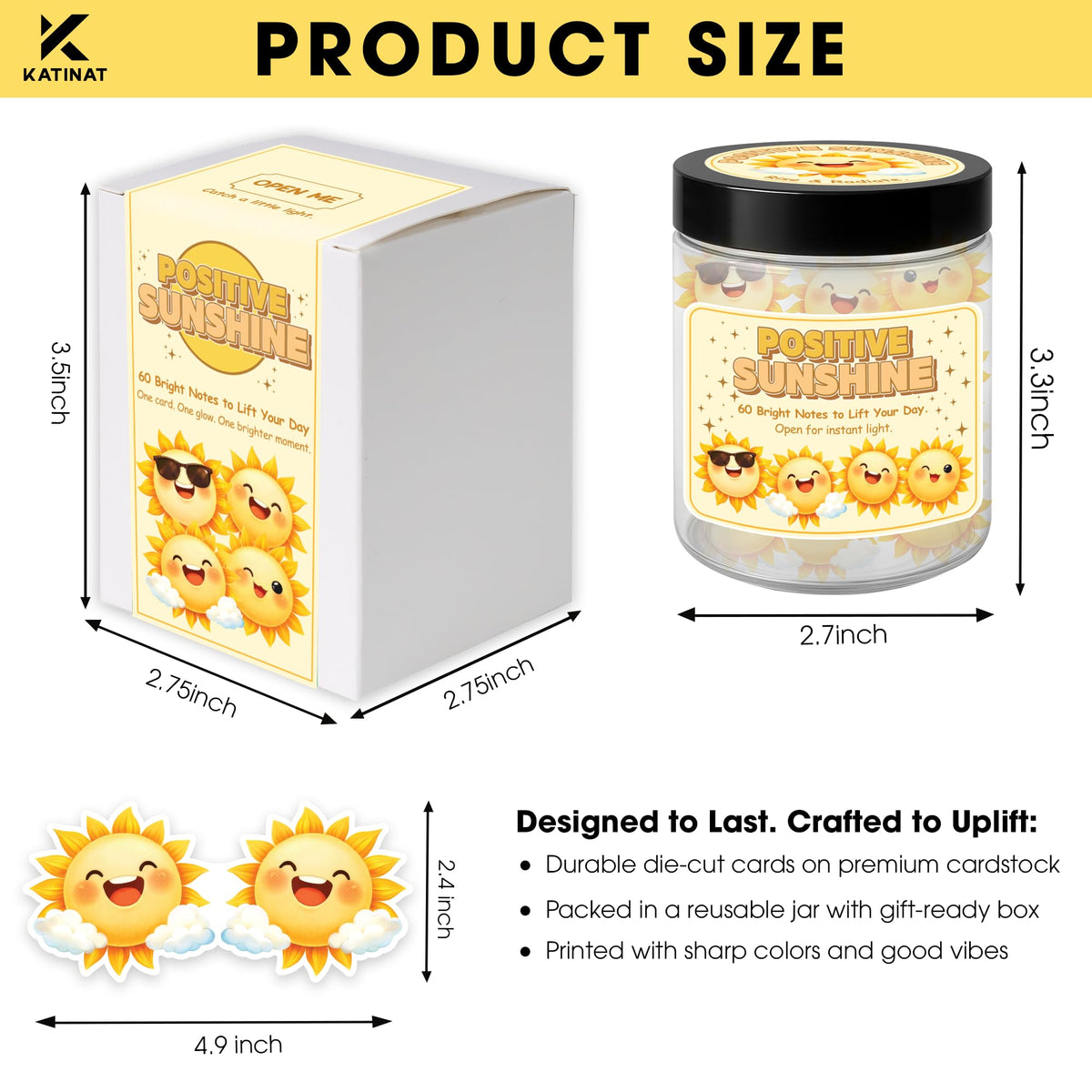 Positive Sunshine Jar – 60 Affirmation Cards for Emotional Support, Yellow Sunshine Gift for Women, Motivational & Uplifting Positivity for Coworkers, Friends, Boyfriend, Girlfriend & Teen Girls
