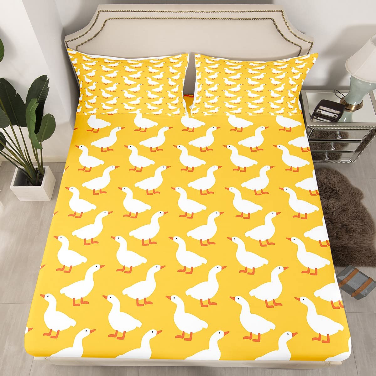 Erosebridal Farmhouse Animal Sheet Set for Kids Child,White Yellow Goose Bed Sheets Full,Cartoon Duck Doodle Bedding Set,Rustic Wild Pet Fitted Sheet + Top Sheet + 2 Pillowcases Bedroom Decor