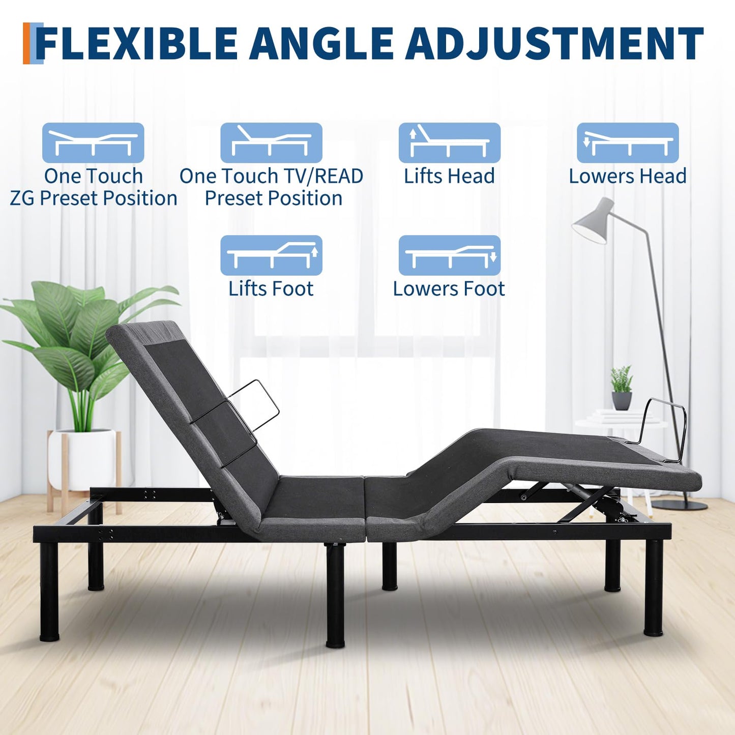 BouPower Twin XL Adjustable Bed Frame, Ergonomic Electric Bed Base with Wireless Remote and 2 USB Ports, Head and Foot Incline, Nightlight, Massager, Anti-Snore, Easy Assembly