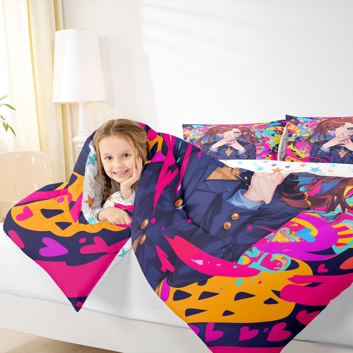Erosebridal Anime Girl Full Bedding Set, Japanese Anime Comforter Set 3 Piece for Kids Girls Teens Adult Bedroom Decor, Cartoon Girl Quilt Kawaii Japanese Animation Bedding Comforter Sets