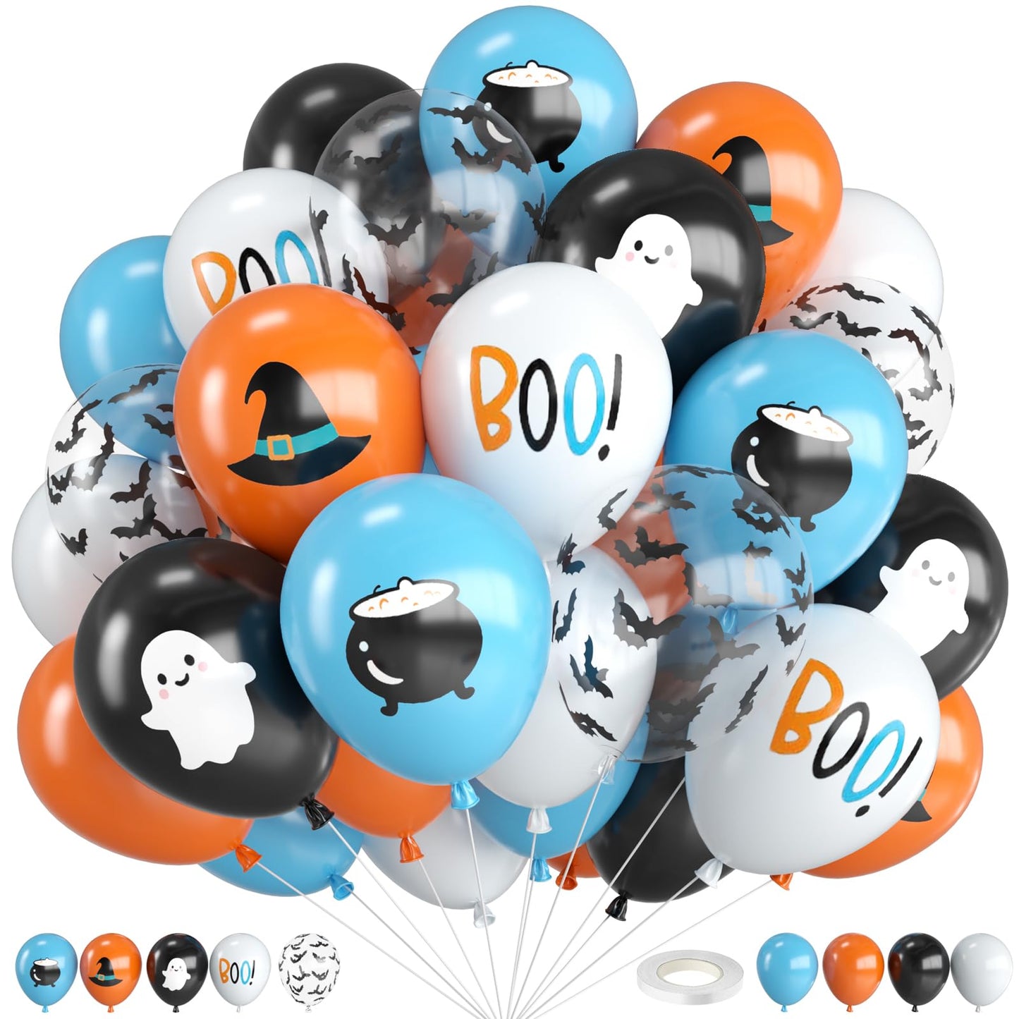 Halloween Balloons,12 Inch Blue Black and Orange Balloons with Boo,Ghost,Hat,Bat Design for Halloween Baby Shower Birthday Wedding Engagement Gender Reveal Party Decorations