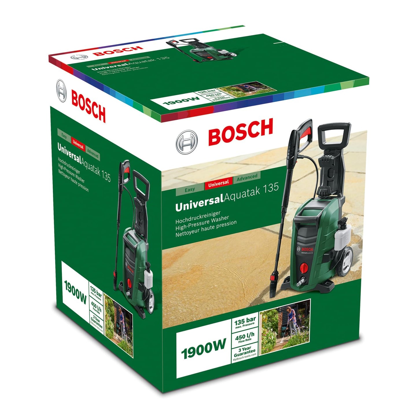 Bosch High Pressure Washer UniversalAquatak 135 (1900 W, 135 Bar Pressure, 450 l/h Flow Rate, with 3-in-1 Nozzle, Detergent Nozzle, and Carrying Handle in Carton Packaging)