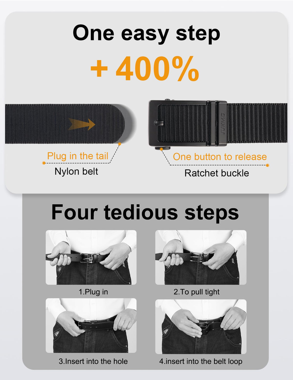 JUKMO Ratchet Belt for Men, Nylon Web Tactical Belt with Automatic Slide Buckle (Black, Medium)