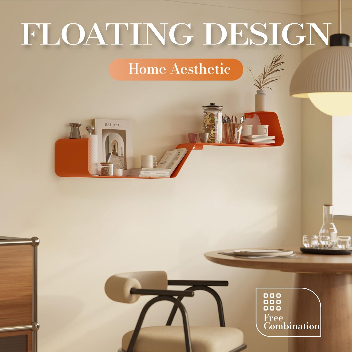 Sttoraboks Floating Wall Shelves Set of 3, Metal Mounted Shelf with Unique Design, Bookshelf for Storage & Display in Bathroom, Bedroom, Kitchen, Living Room, Orange Home Decor