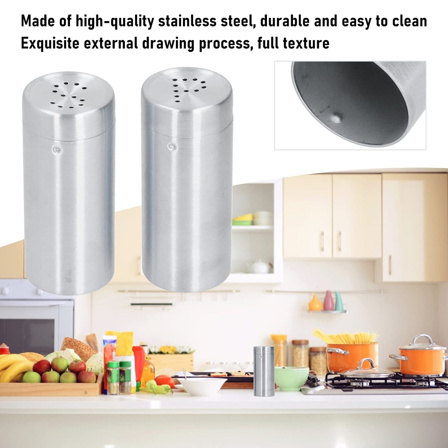 2Pcs Stainless Steel Spices Shakers, Salt and Pepper Shakers Set Seasoning Bottle Spices Jars Dispenser with Shaker Lids Silver