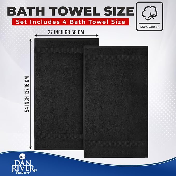 DAN RIVER Bath Towels Set of 4, 27 x 54 Inches, 100% Cotton, Larger & Lighter