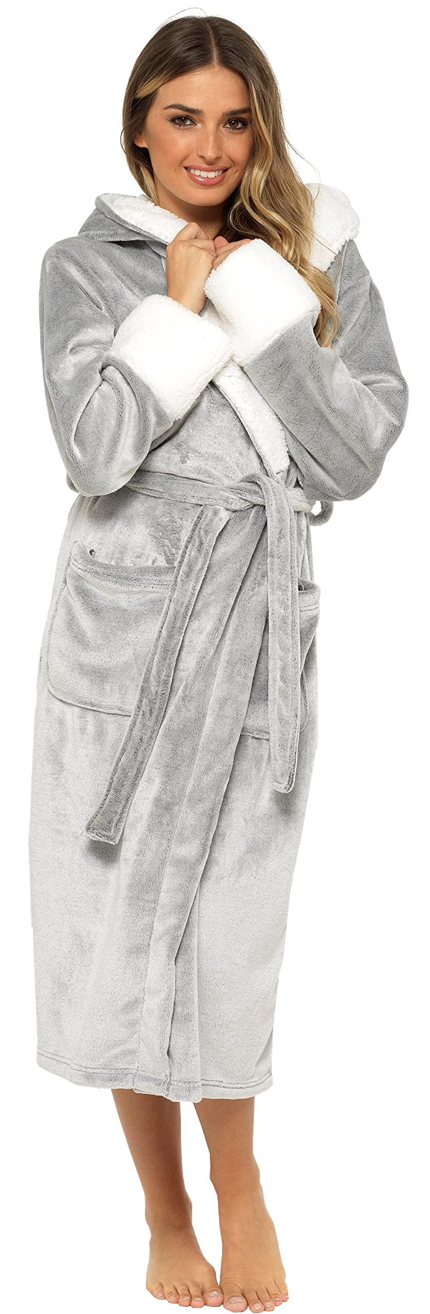 KATE MORGAN Ladies Dressing Gown Fluffy Super Soft Hooded Bathrobe for Women Plush Fleece Perfect Loungewear Long Robe | Gifts for Women 16-18 Grey Shimmer