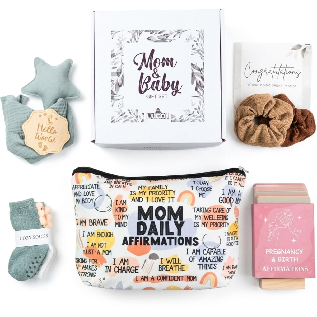 LUCOI New Mom Care Package Gift Set with Daily Affirmation Cards – Postpartum Gifts for Mom After Birth, Pregnancy Gift for First-Time Moms, Baby Shower Gift for Expecting Mom, 9-Piece Set