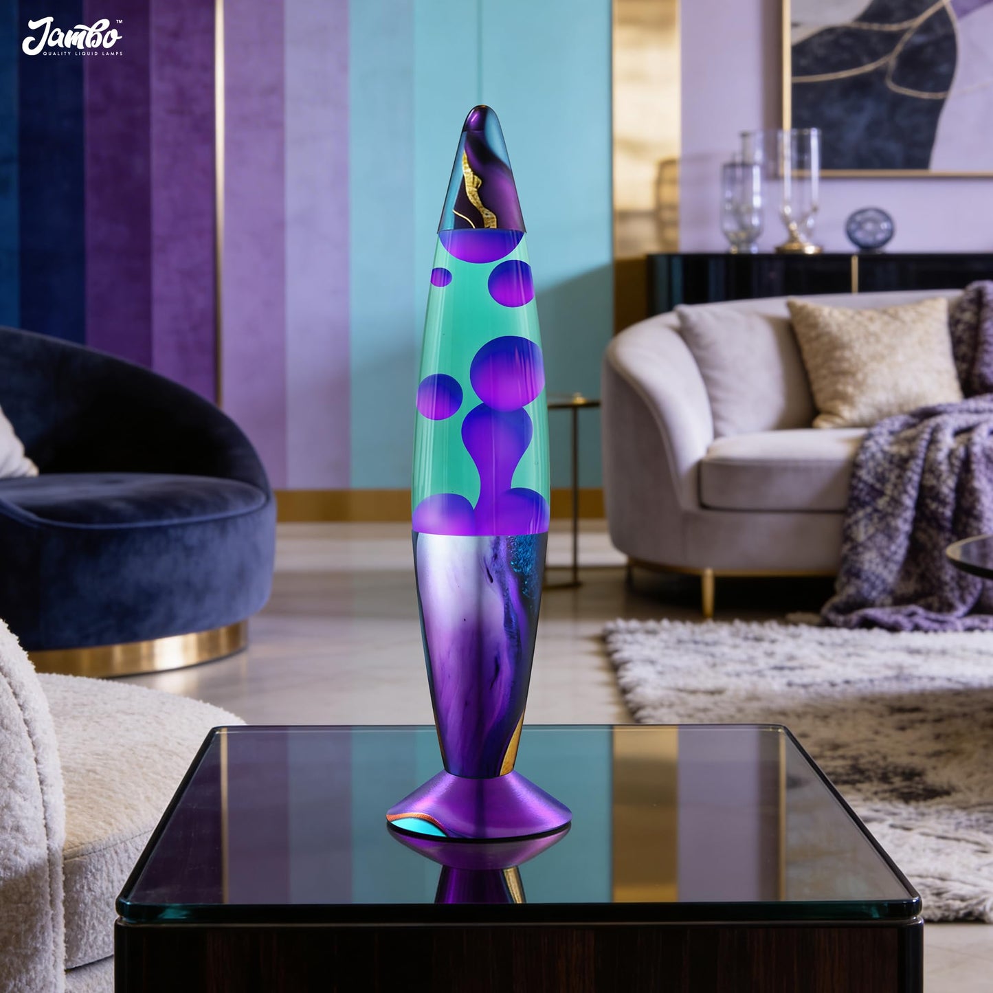 JAMBO 16" Beautiful Lamp- Teal with Purple Wax- Relaxing Liquid Light, Night Light Nightlight, Retro Home Decor Light, Living Room Office Bedroom Lamp for Adults Teens Kids, Magma Motion
