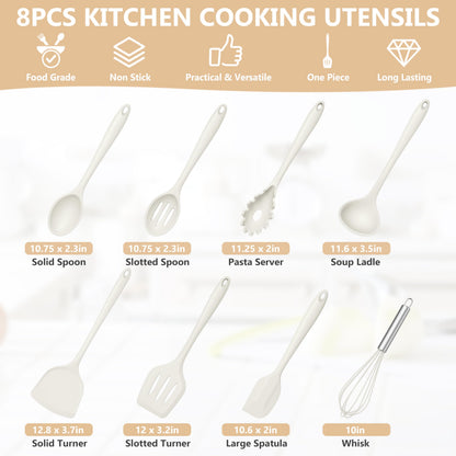 TeamFar 8 PCS Silicone Cooking Utensils - 446°F Heat Resistant Kitchen Silicon Utensils Set, Turner, Spatula, Spoon, Whisk, Kitchen Cooking Gadgets Tools for Nonstick Cookware, Dishwasher Safe-White
