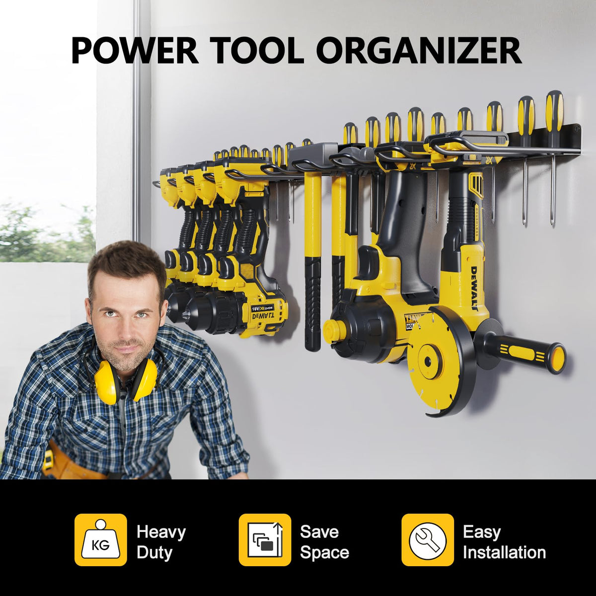 RacKeaLsi 2 Pack Drill Holder, Power Tool Organizer Wall Mount, Heavy Duty Garage Storage and Tool Organizer, Ideal Garage Organization Gifts for man, 8 Slots for Power Tools and 32 Screwdriver Rack