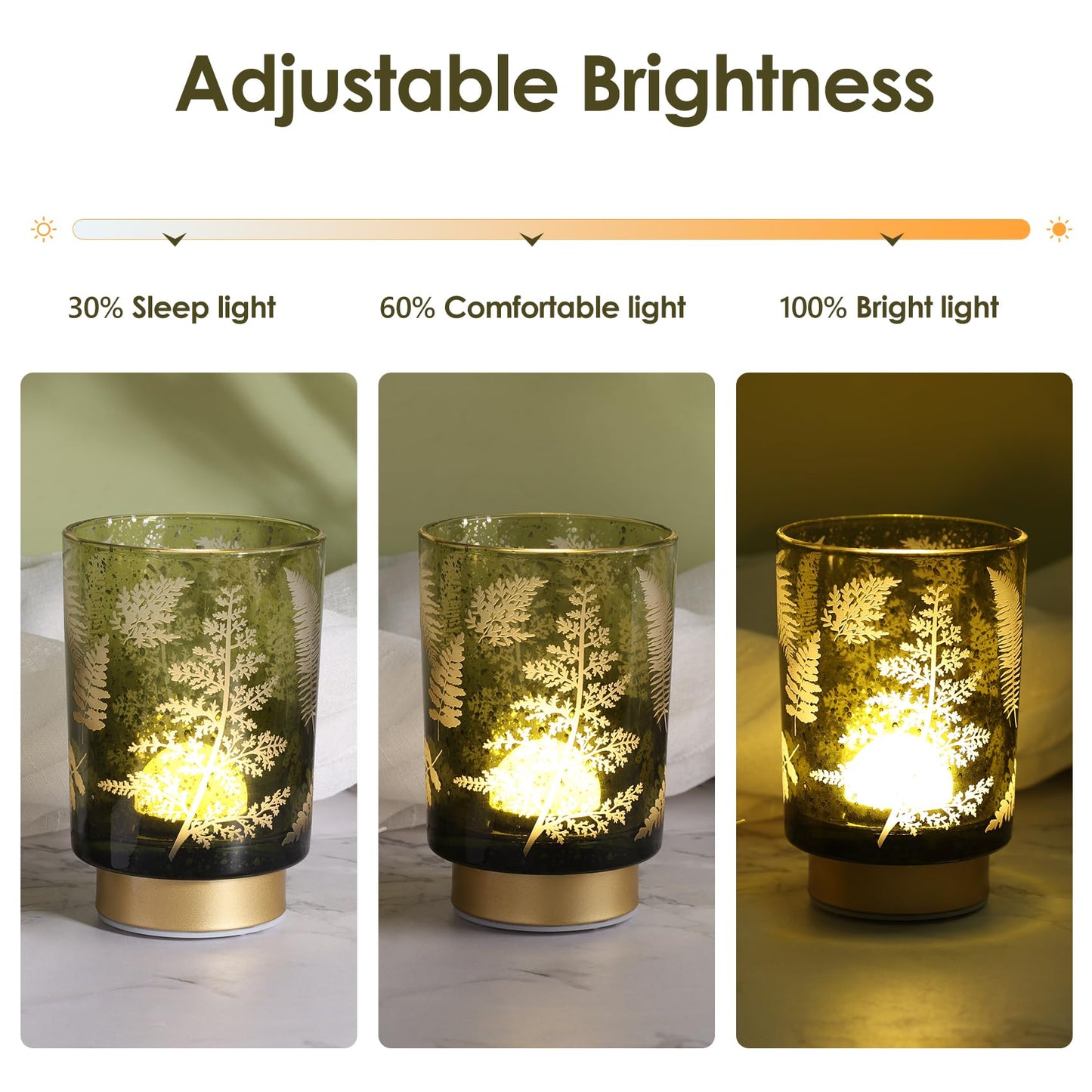 Eywamage Small Battery Operated Glass Table Lamp, Boho Green Ferns Mood Light with Remote, Cordless Bedside Accent Lamp Room Decor