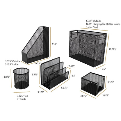 BLU MONACO Black Desk Organizer Set | 5-Piece Metal Office Supplies Collection with Hanging File Organizer, Magazine Holder, Pen Cup, Sticky Note Holder & Letter Sorter | Workspace Organization