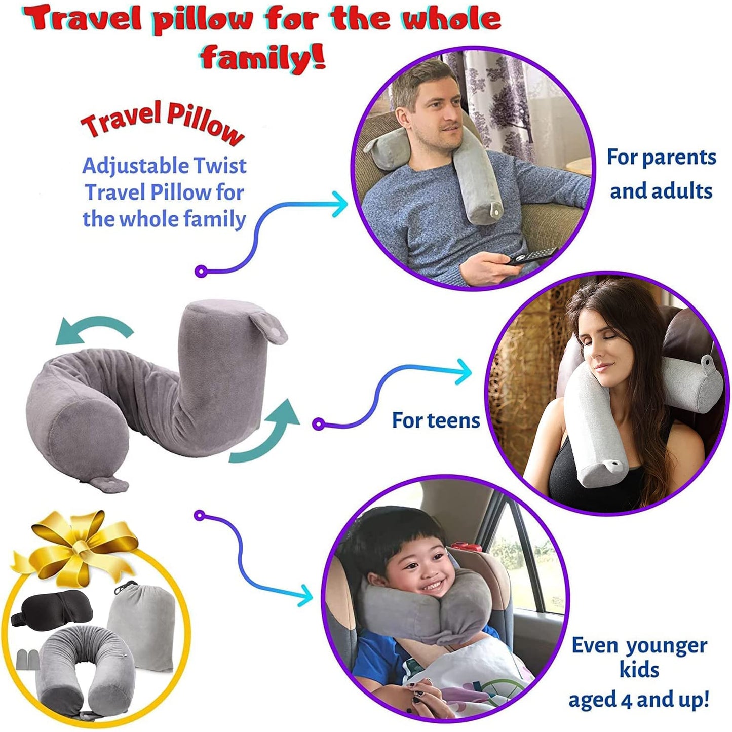 EPROICKS Travel Pillow Twist memory Foam Neck Pillow for Travel, Airplane, Buses, Trains at Home, Chin, Lumbar Leg Support, Bendable Roll Pillow (gray)