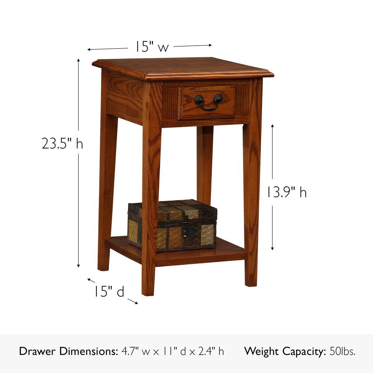 Haven Ridge Solid Wood Square Side Table with Drawer and Shelf, Medium Oak Brown, Perfect for Living Rooms, Bedrooms, and Small Spaces – Leick Home, 9041-MED
