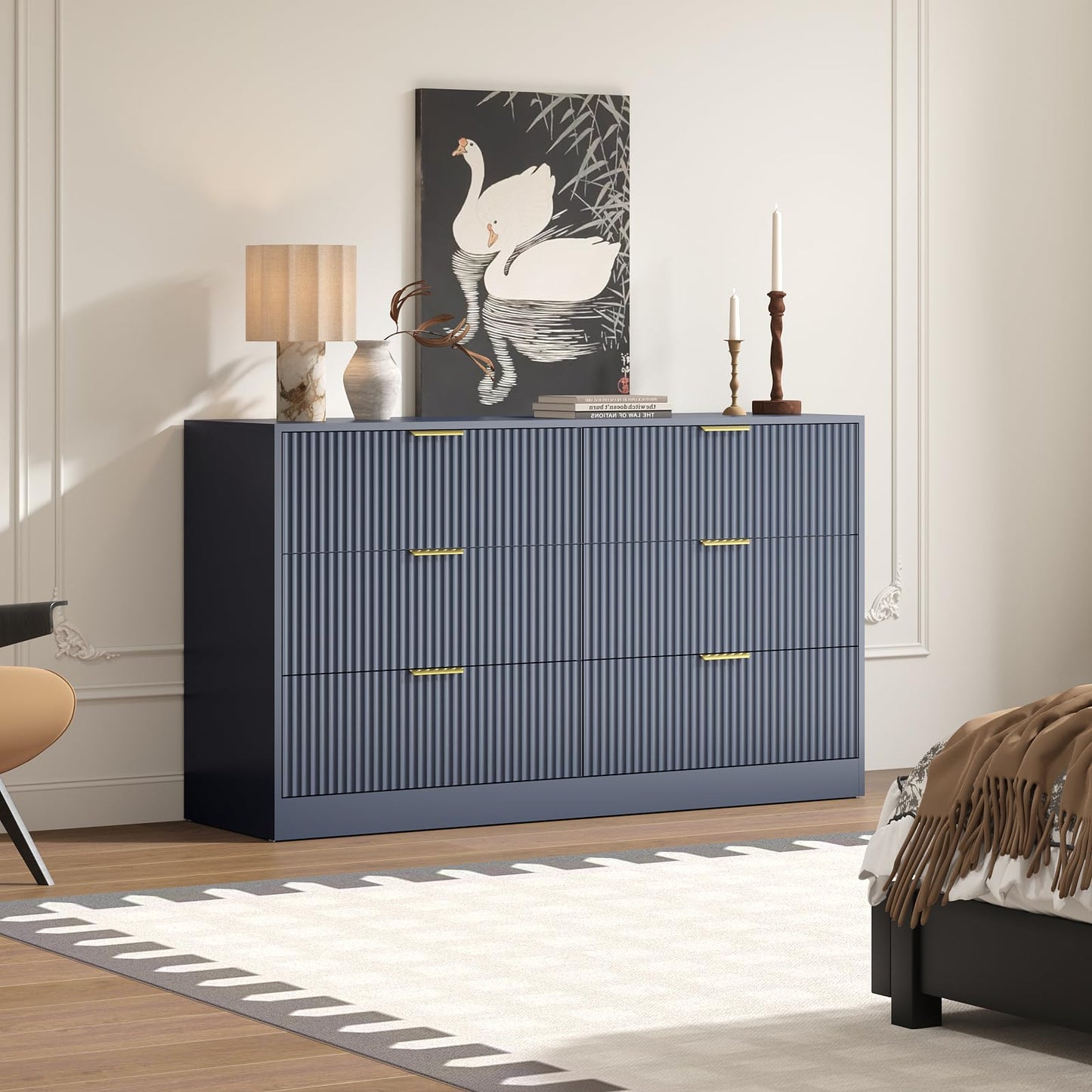 Sscaktu 6 Drawer Fluted Dresser for the Bedroom, 55" Wide Wooden Dresser with Deep Drawers, Large Floor Chest of Drawers, Modern Long TV Stand, Storage Cabinet for Livingroom, Hallway, Blue