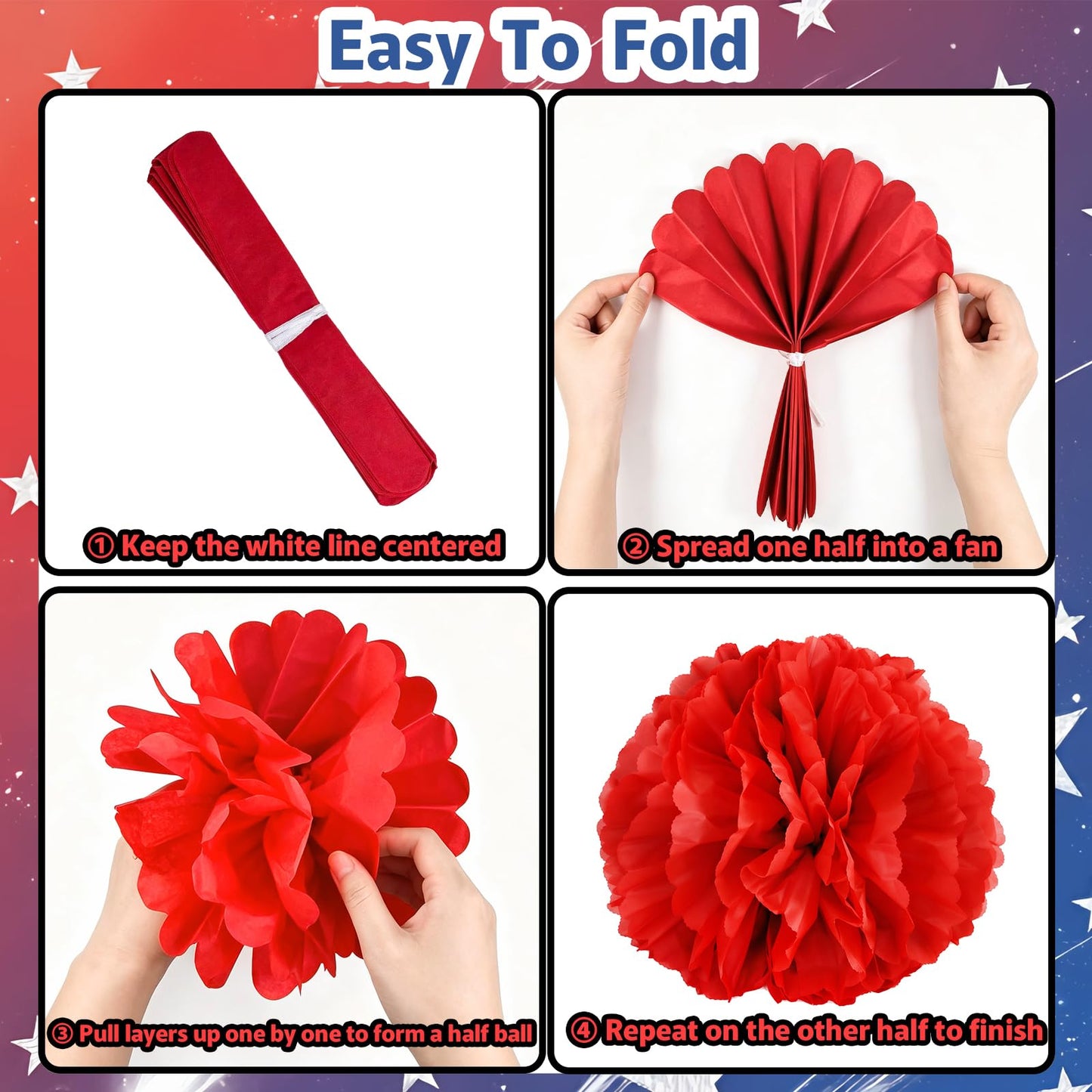 Onfunlee 4th of July Decorations Set, 34PCS Patriotic Memorial Day Decoration US 250th Anniversary Decor, Red White Blue Party Supplies with Paper Fans, Banner, Swirls, Pom Poms for Independence Day