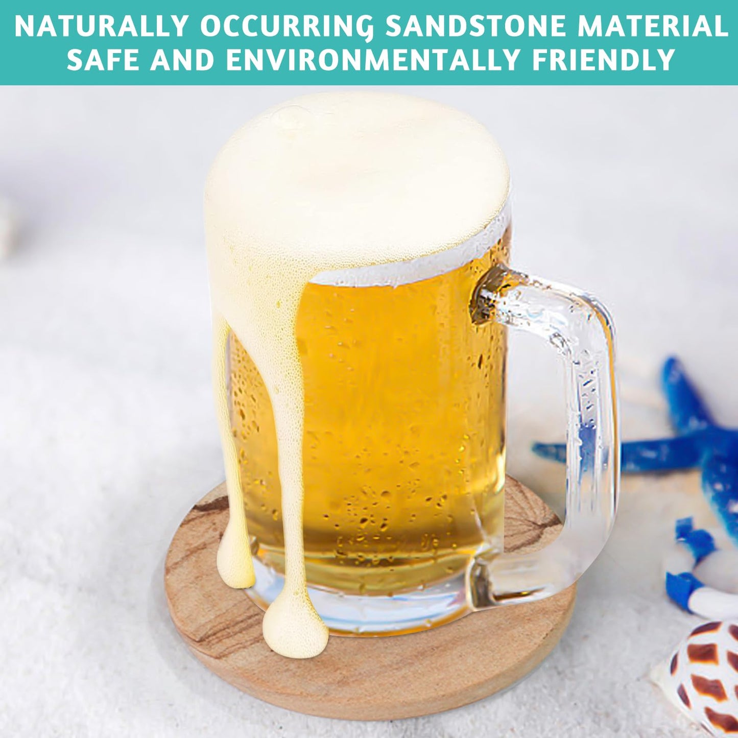 Natural Sandstone Coasters Set of 4 with Holder, 4 in Dia Drink Coasters for Coffee Table, Water Absorbent & Heat Resistant Cup Coaster for Home & Office, Christmas Birthday Gift