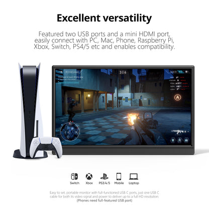 Portable Monitor 15.6 Inch 1080P USB-C HDMI Ultra-Slim Travel Monitor with Kickstand, for Laptop, PC, Mac Phone, PS, Xbox, Swich IPS Ultra-Thin Zero Frame Gaming